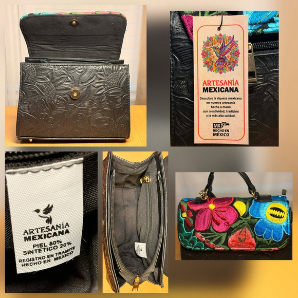 Floral Embroided Embossed Tooled Artisan LEATHER Crossbody Bag Purse - Black - Picture 15 of 16